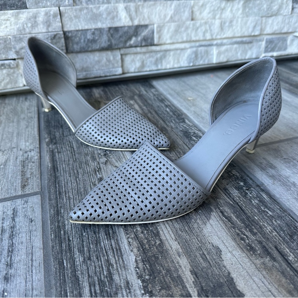 VINCE Mesh perforated Pointy gray leather kittens mid  heels. Size 7